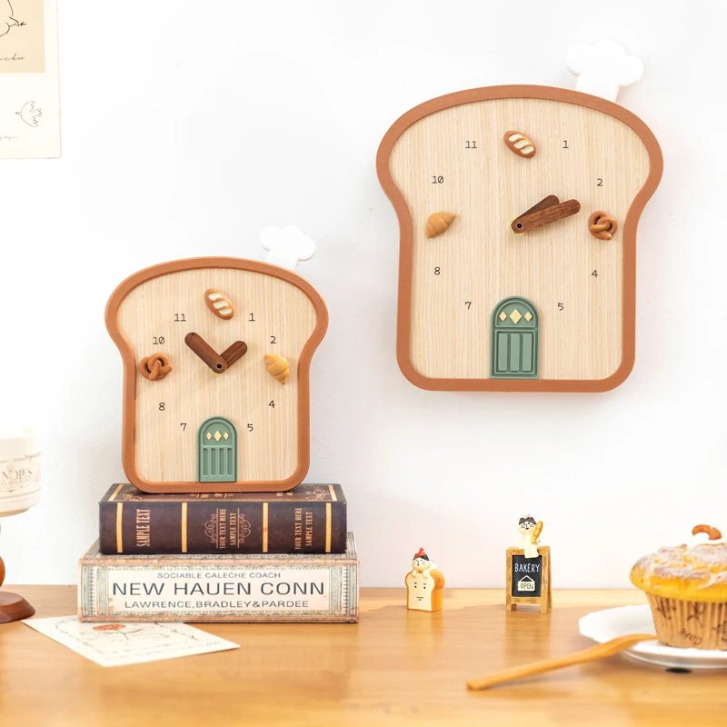Japanese cartoon cute toast shaped clock ornament, healing cream style toast table clock home wall decoration wall hanging clock
