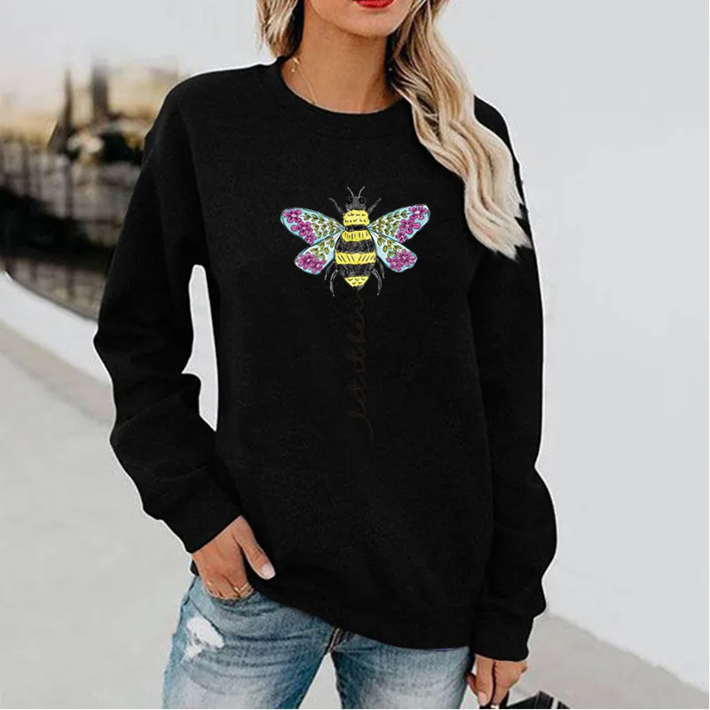 Bee Fun Print Long Sleeve Hoodless Crewneck Hoodie Lady Sweatshirt  Streetwear Women  Sweatshirts Clothes