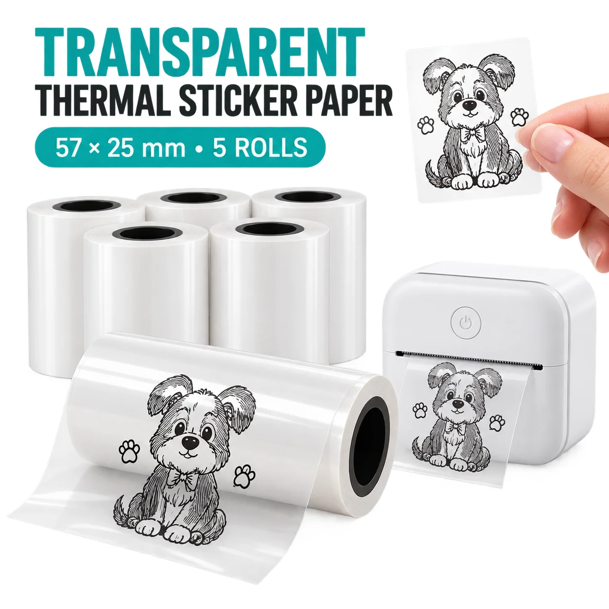 57x25mm Transparent Thermal Label Paper Roll Self Adhesive Compatible for Mini Pocket Printer Home Office Storage Tag