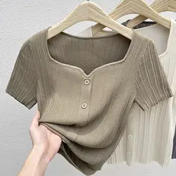 Coreano moda estate temperamento sottile scollo a v a maniche corte t-shirt donna solido Patchwork bottone elastico di alta qualità sciolto Top