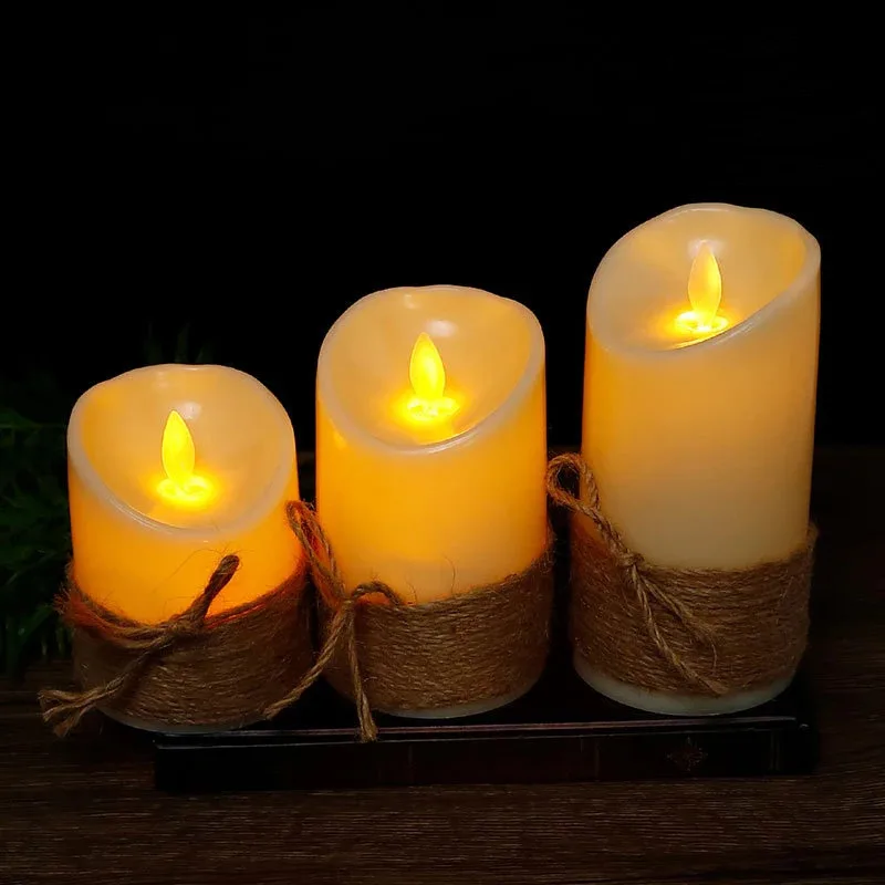 Handgemaakte henneptouw pijlerkaars – warm wit flikker, LED-sfeerlicht voor bruiloften, kerstfeesten en nachtlampje voor kinderen