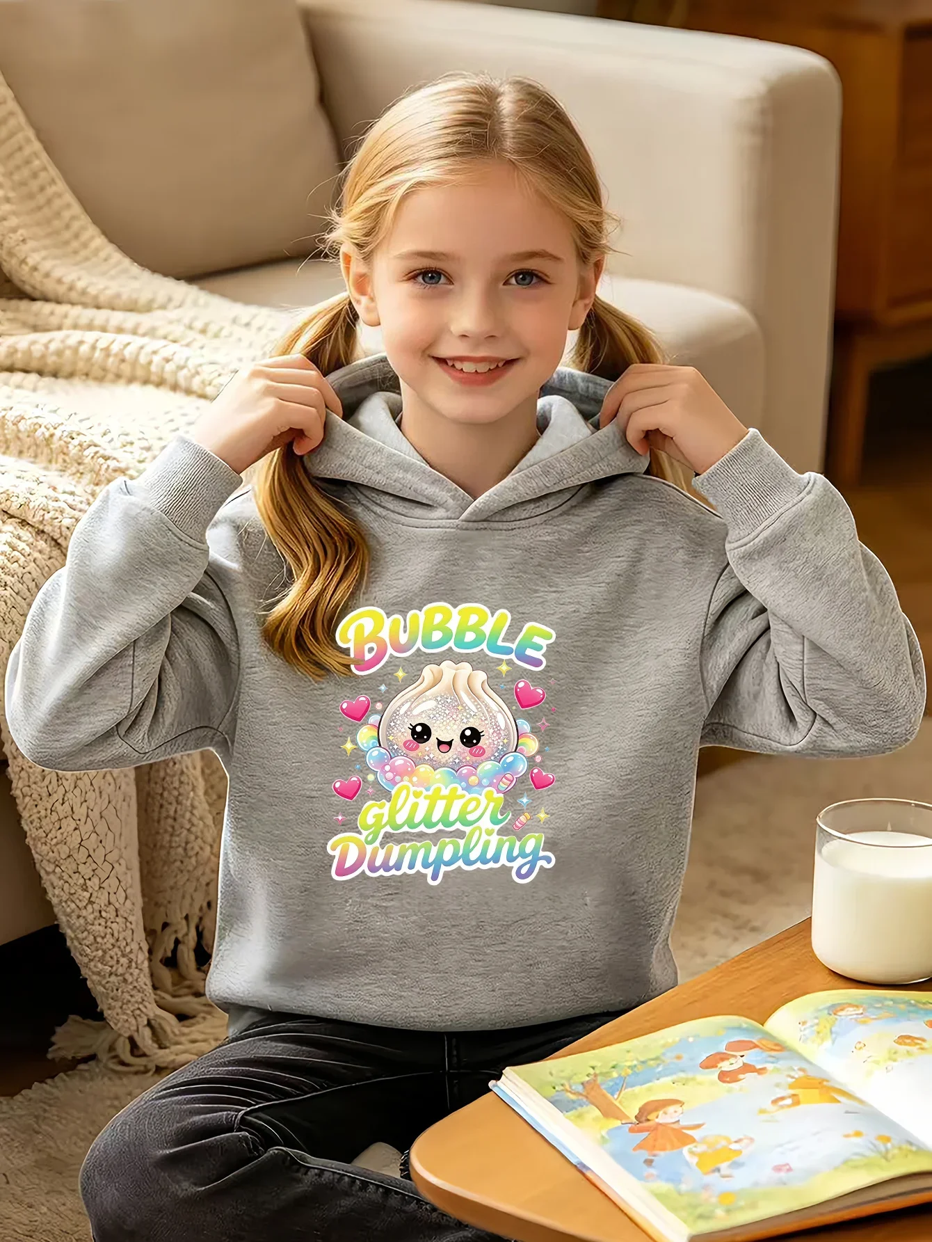 Kids Girls Cute Dumpling Graphic Hoodie Black Printed Kawaii Sweatshirt School Clothes Birthday Present Autumn Winter Tops
