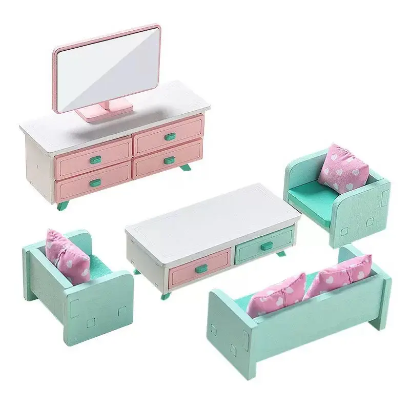 

Kawaii Items Kids Toys Miniature Dollhouse Furniture Living Room Set Wooden Sofa Desk Cute Pillow Artificial TV For Girl DIY