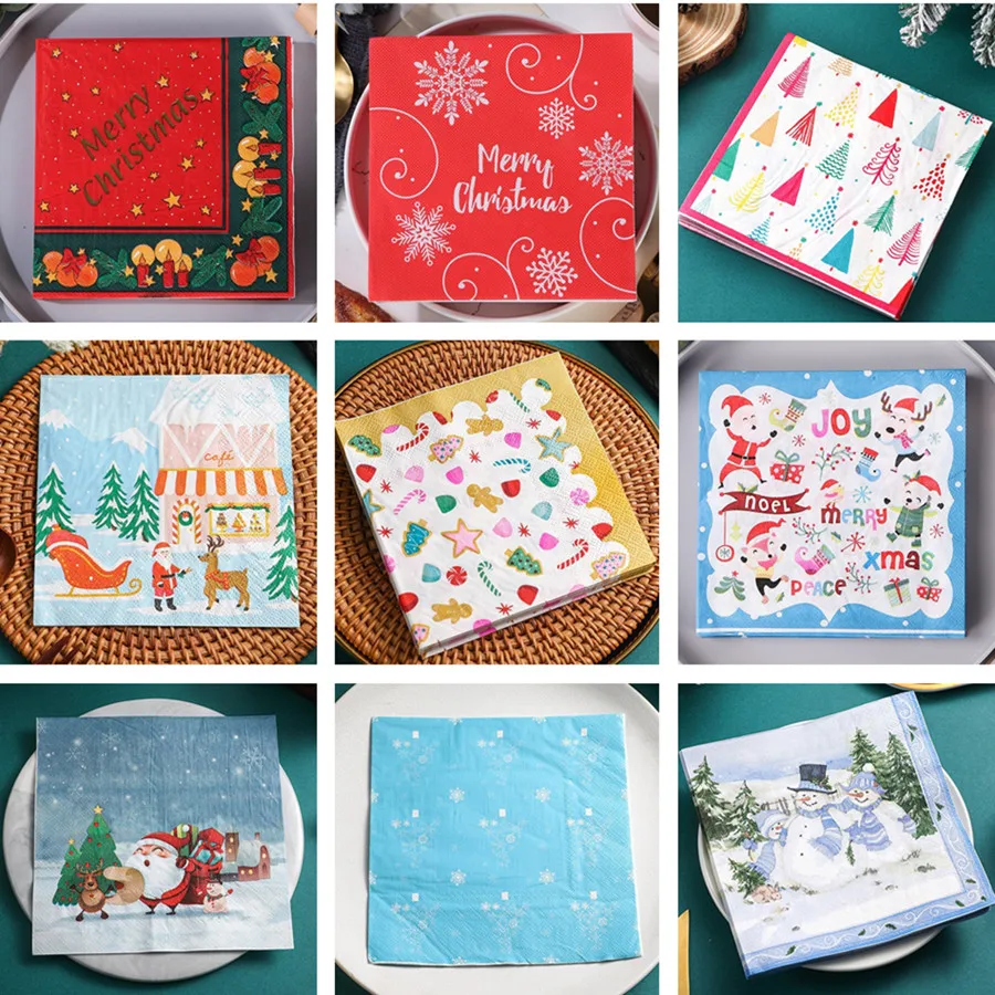 20Pcs/pack 33x33cm Christmas Series Printed Paper Disposable Table Dinner Napkin Tissues Xmas New Year Party Decor