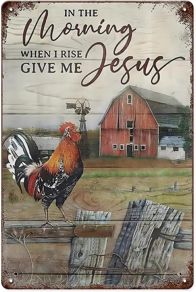 Funny Chicken Signs Rooster Crowing Metal Poster, In the Morning When I Rise Give Me 8×12 inches Chicken Signs for Farmhouse Out