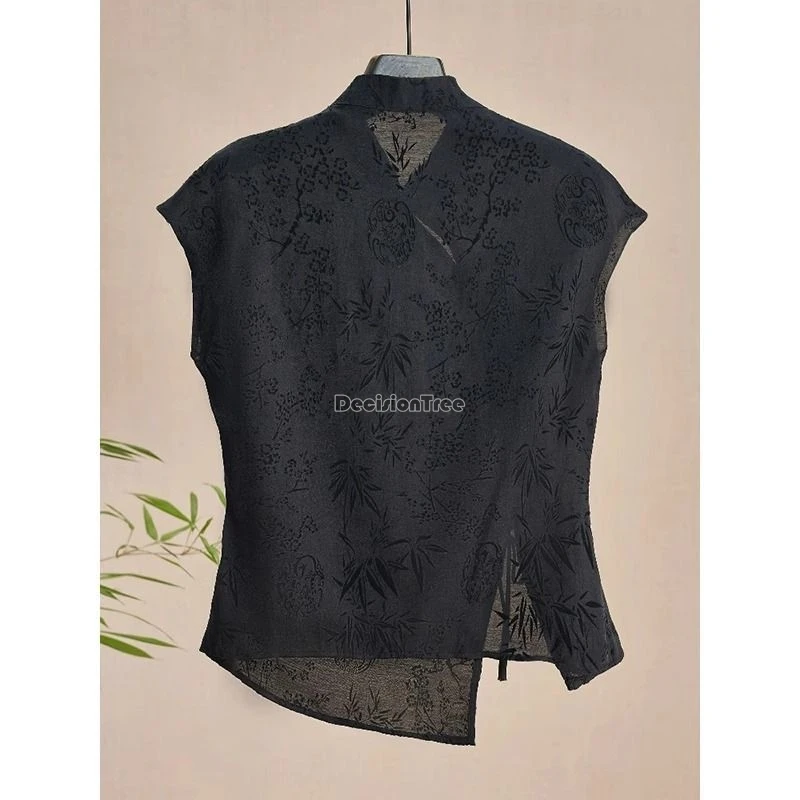 2026 new chinese style cheongsam top black jacquard short sleeve t-shirt women\'s new summer vintage elegant qipao blouse