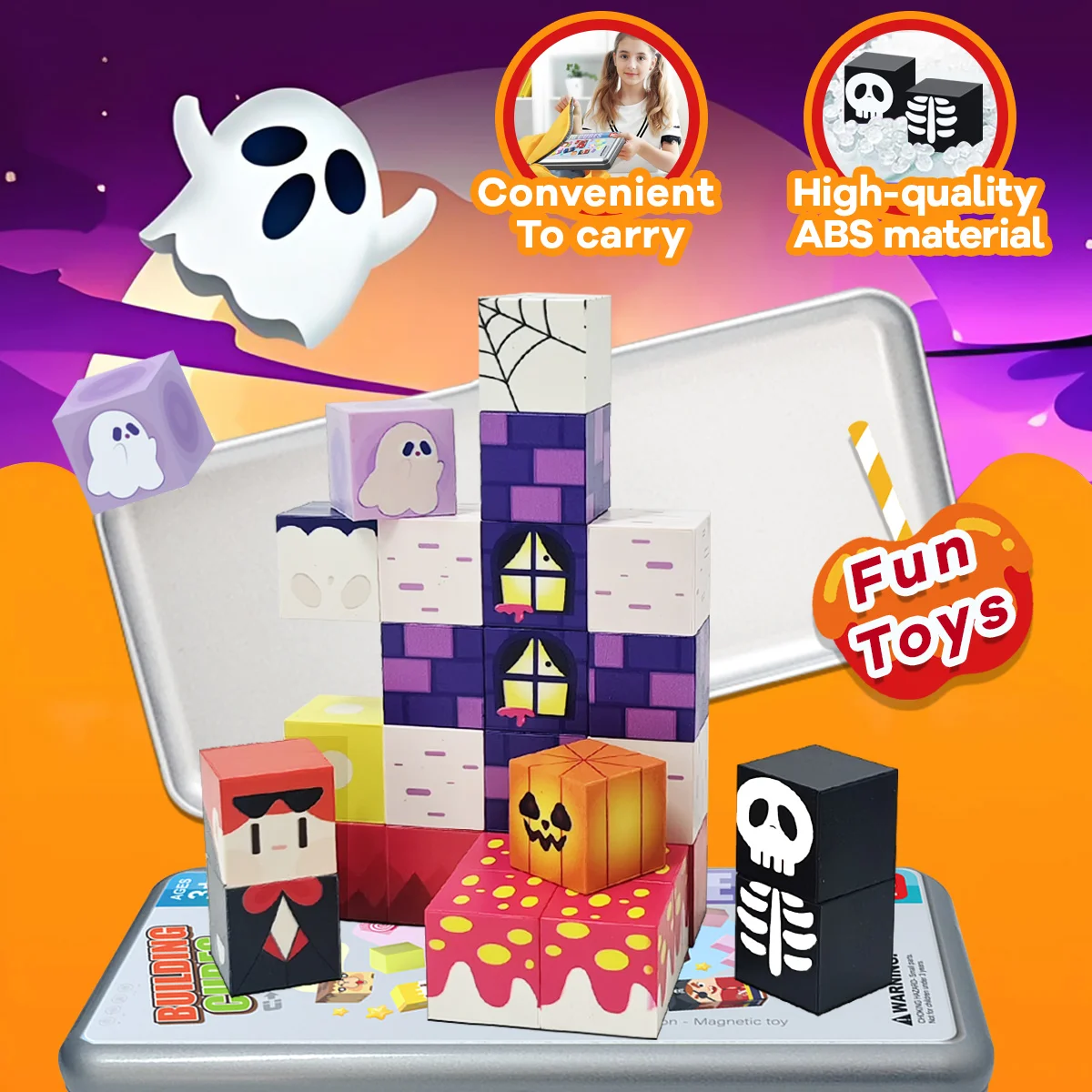 Set di blocchi magnetici con scatola di ferro da 27 pezzi, piastrelle magnetiche, giocattolo di blocchi di puzzle per bambini, set di blocchi di costruzione educativi prescolari