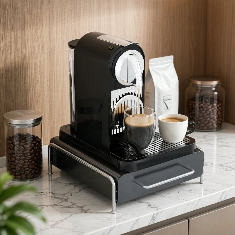 2 Tier Coffee Machine Stand Black Metal Coffee Maker Riser Shelf with Pods Tea Bag Storage Rack Kitchen Home Bar 커피 머신 선반