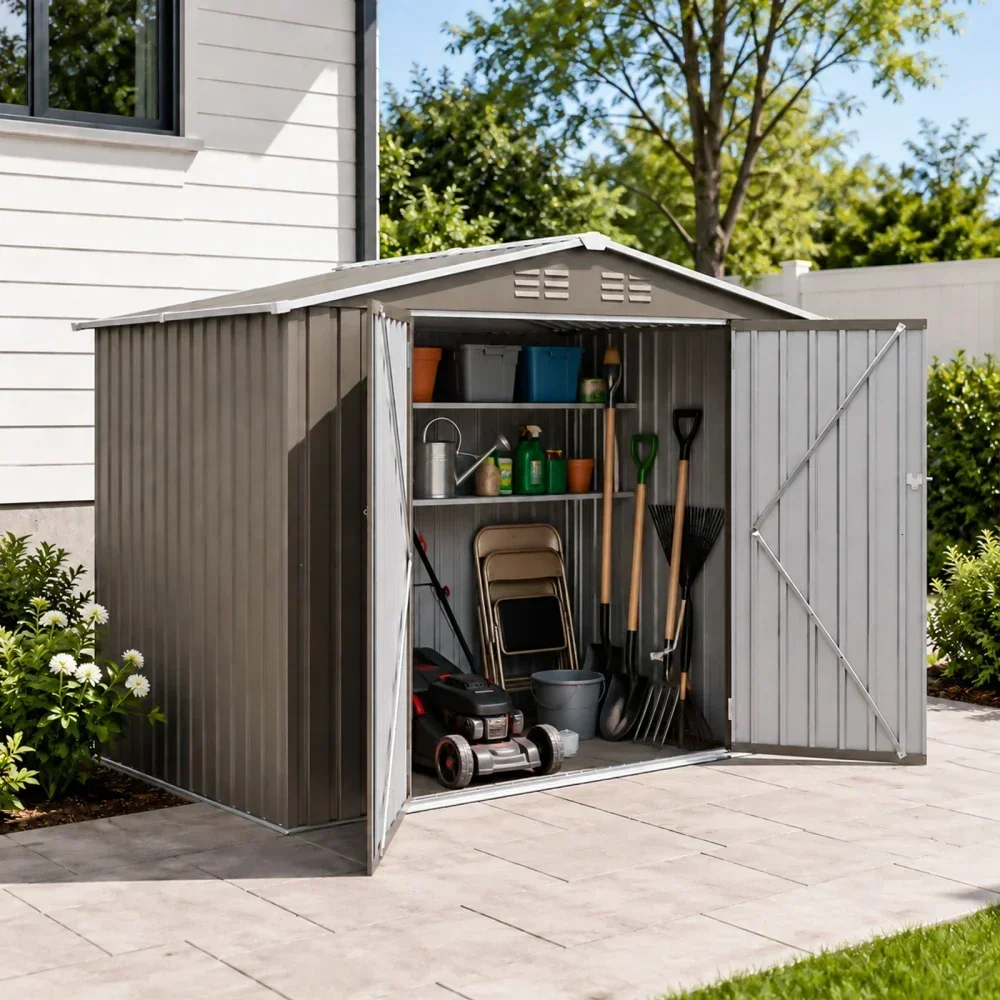 8*6 FTOutdoor Metal Storage Shed, Galvanized Steel Panel Tool House with Lockable Double Door & Built-in Vents for Backyard Garden Equipment Storage Olive Grey(7.84*5.71 FT)