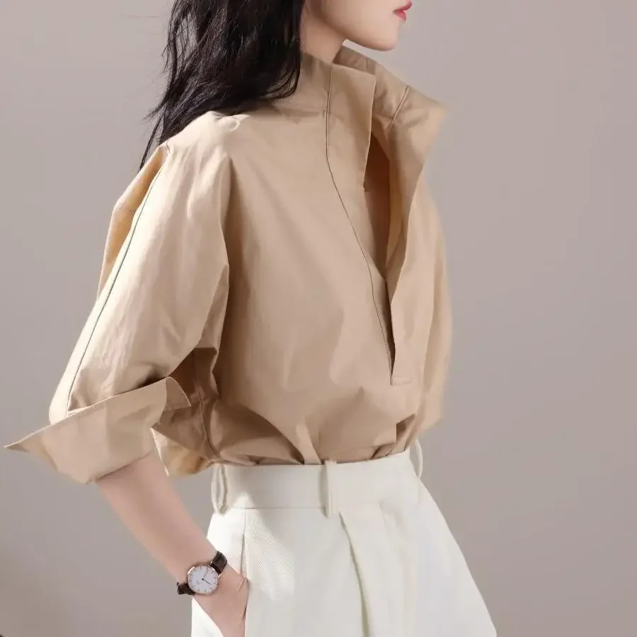 ربيع 2023 قميص نسائي فضفاض مناسب بياقة واقفة 7/8 كم قميص عصري للتخسيس تصميم إحساس بزر أبيض لأعلى #4