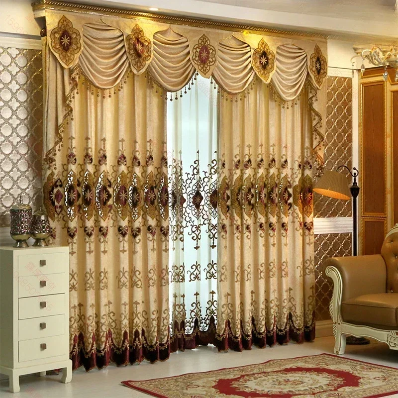 

Customized European Valance Curtains for Living Dining Room Bedroom Golden Embroidered High-precision High-shading Curtains