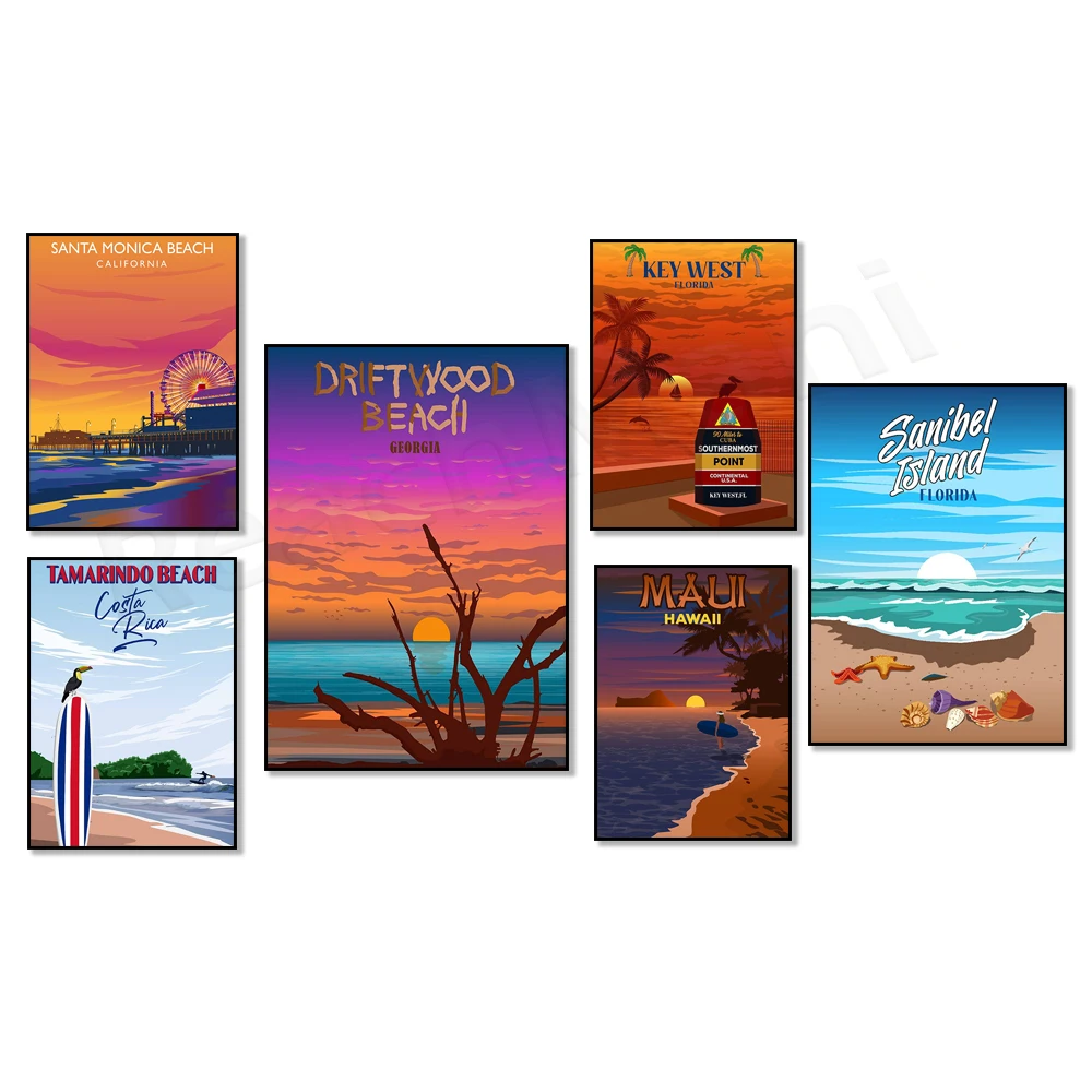 Maui Hawaii, Costa Rica Tamarind Beach Surf, Sanibel Island Florida, Key West Florida, Santa Monica Beach California Poster