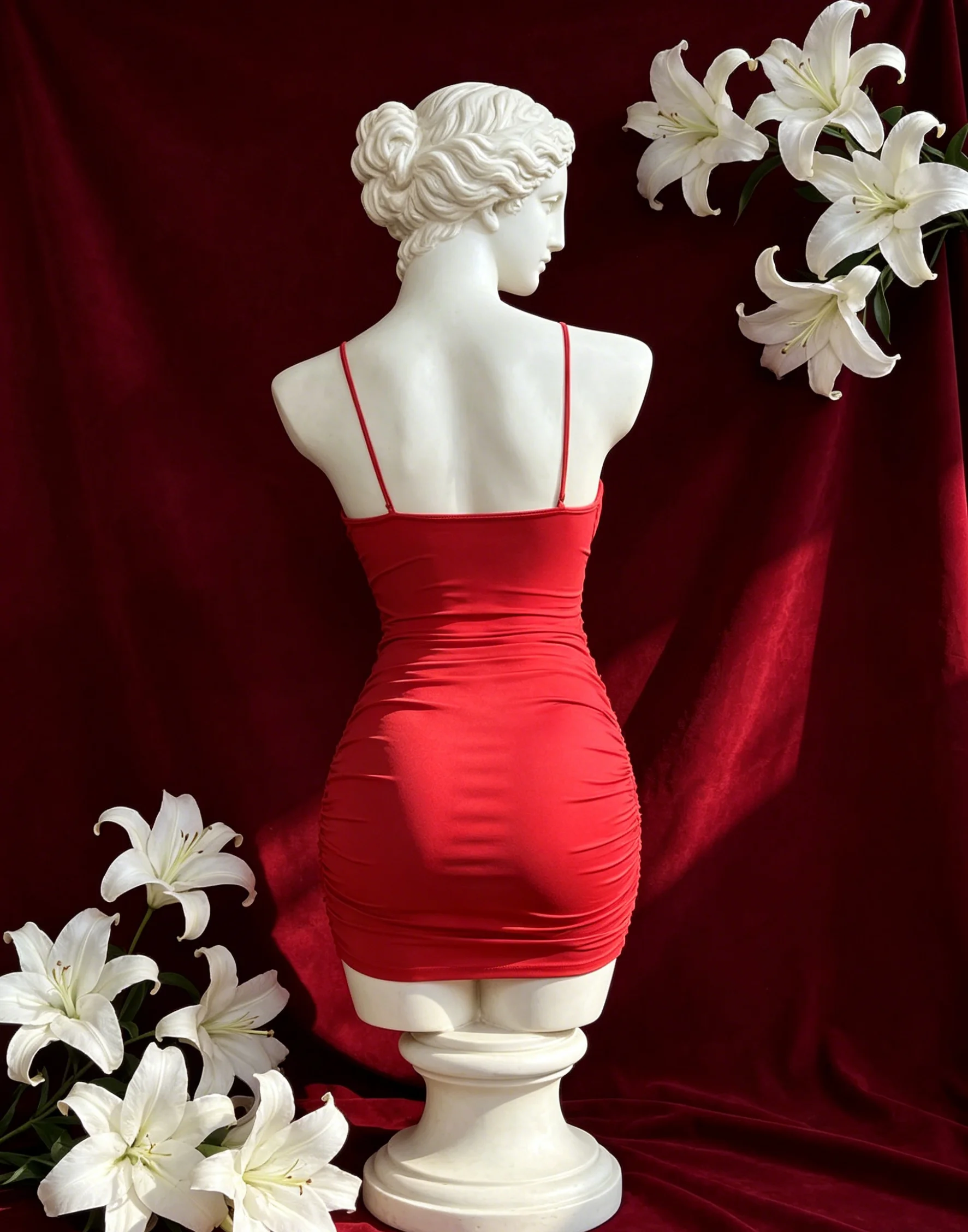 【 Fragments.SPECIAL LINK:THE MASCOT'SLITTLE GIFT.】Striking Red Crisscross Halter Ruched Sleek Polished Modern Mini Dress