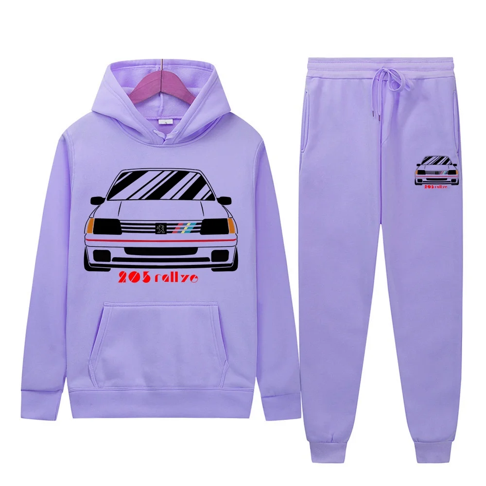 Men\'s 2Pcs Sets Fleece Sweatshirt Hoodies Pants Retro Wrc Rose 205 Gti CAR Rallye Racing Male Sportswear Tracksuits Unisex Ensem