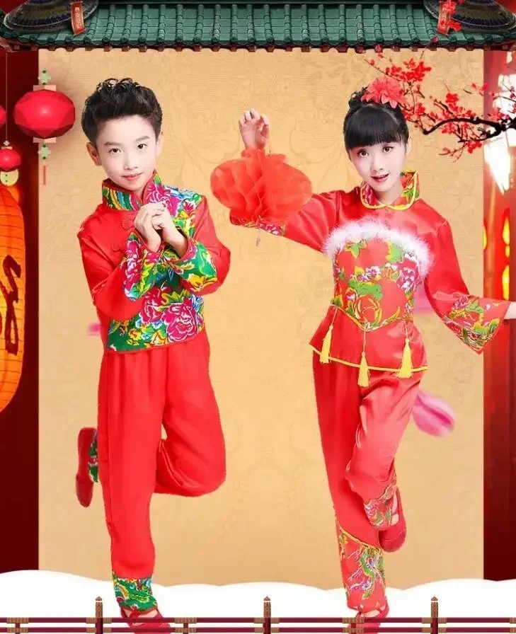 

New Year Red Hanfu children's Girls Traditional Suit National Younger Style Clothing Fan Yangko Stage Dancing Clothes Costumes