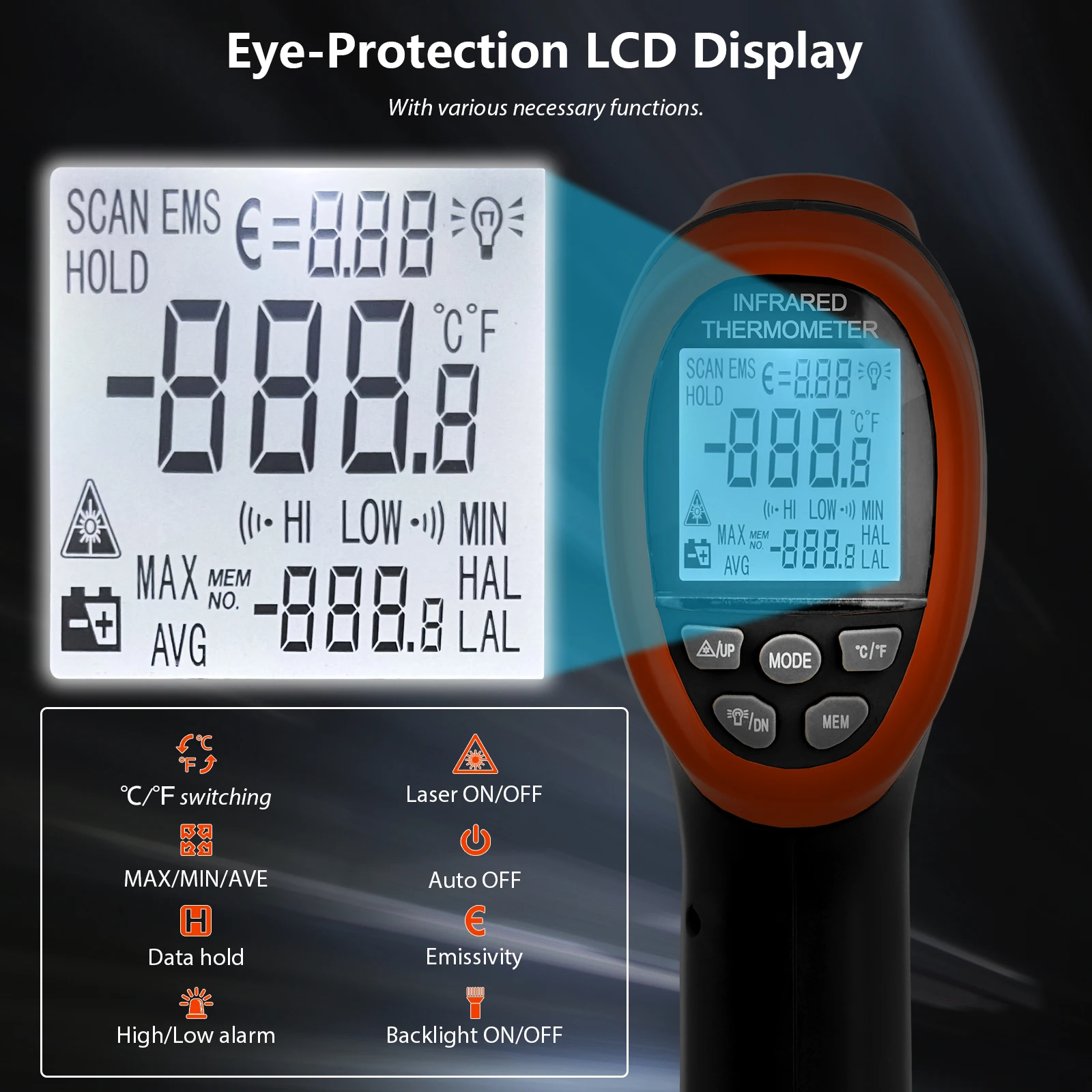 

Portable Infrared Thermometer Gun - Wide Temperature Range from -50°C to 800°C, 16:1 Distance-to-Spot Ratio, ±2% High Accuracy