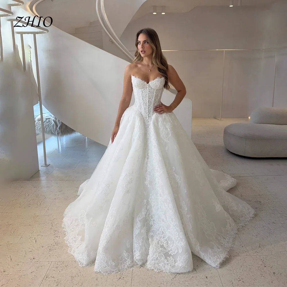 ZHIO Luxury Strapless Embroidered Lace Ball Gown Basque Waist Cathedral Train Bridal Marriage Vestido De Noiva Sereia Customized
