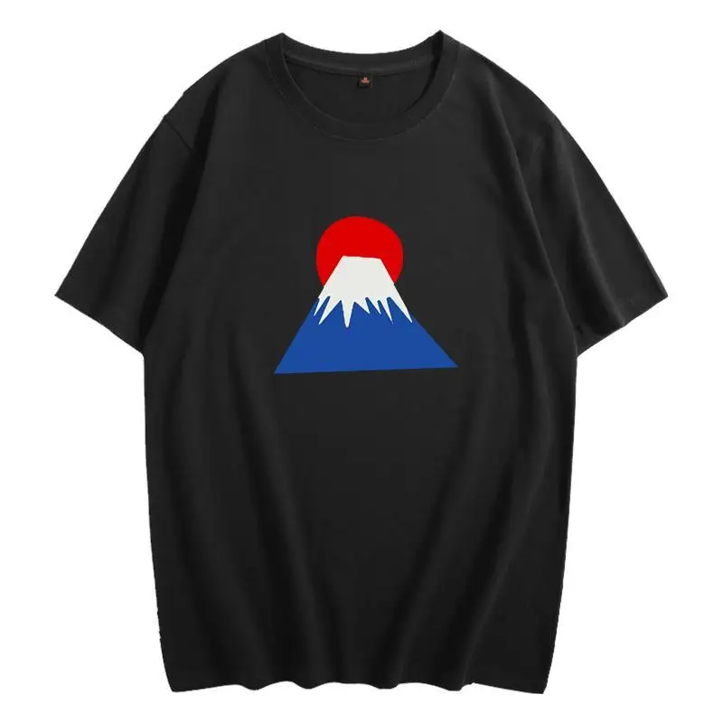 

2025 New Men's 100% Pure Cotton Print Japanese Style Mount Fuji T-shirt Trendy Brand Round Neck Leisure Tees Top Unisex