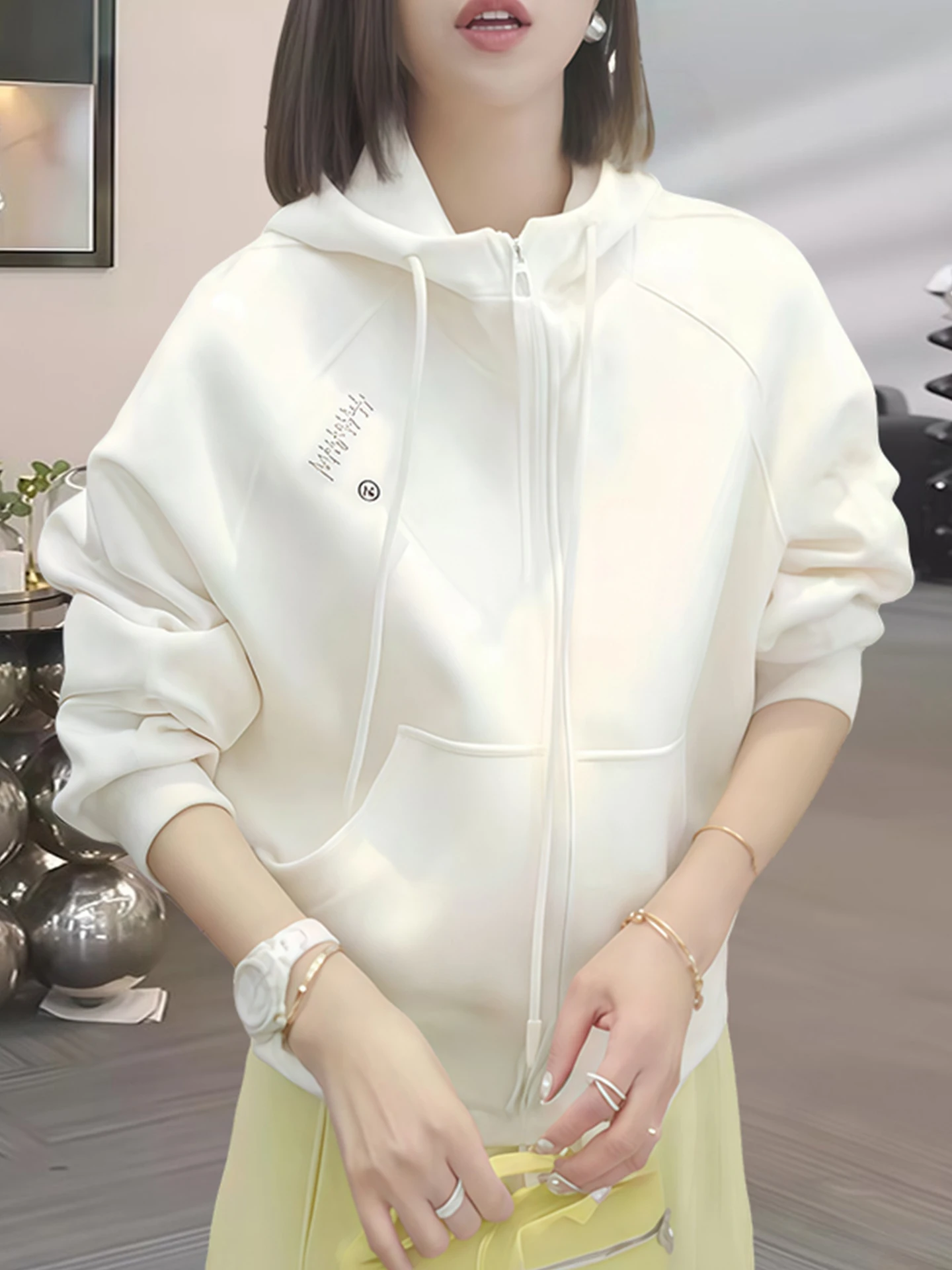 White Long Sleeve Hooded Open Cardigan Sweatshirt Jacket Women's Spring Autumn Fashion Casual Versatile Outerwear