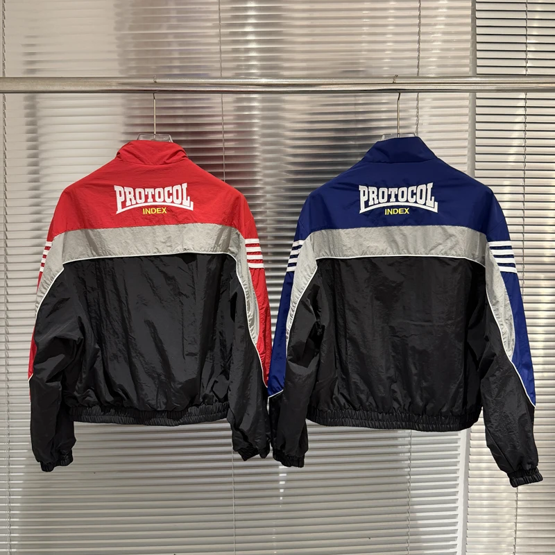 

Высококачественная нейлоновая ветровка с яркими цветными полосами, светоотражающей молнией, воротником-стойкой, для активного отдыха, с индексом защиты от ветра