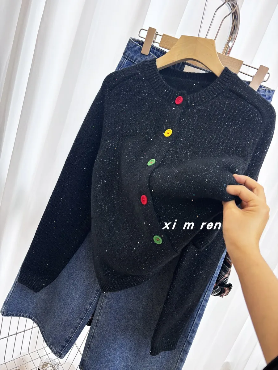 

Loose Knitted round Neck Open Cardigan Women's Style Soft Sweater Outerwear Color Block Design Casual Spring Autumn Top