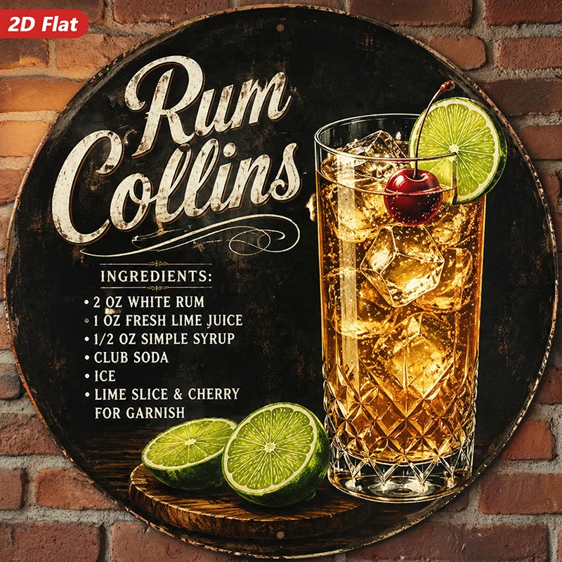 2D Flat, 1pc Rum Collins Round Metal Sign Wall Art, Ideal for Dining Room Workspace, Cocktail Glass with Ice, Lime Slice Garnish