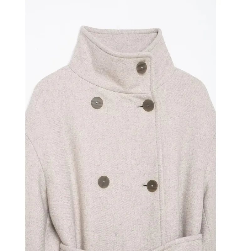 Cappotto Oversize da Donna con Collo Alto e Cintura, Casual Primaverile, Doppiopetto con Bottoni, Maniche Lunghe, Soprabito Femminile Chic