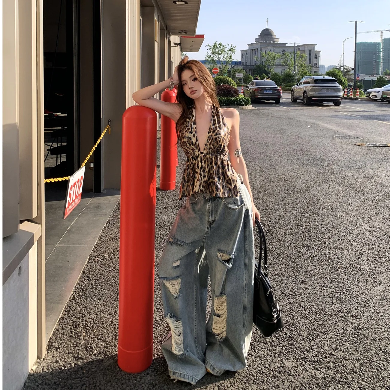 Korean Sweet Cool Style Sequin Backless Tank Top Sexy Women's Loose Jeans High Waist Straight Leg Blue Cotton Blend Spring Su...