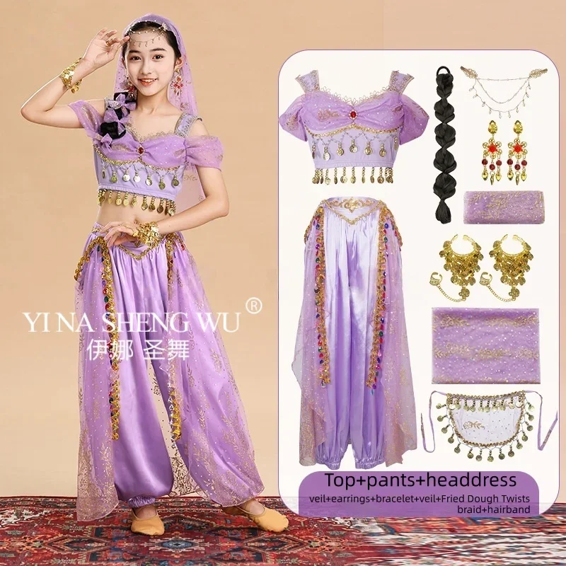 

Для детей Болливудский танцевальный костюм принцессы Жасмин на Хэллоуин, комплект фестивальной вечеринки, косплей, детская одежда для танца живота