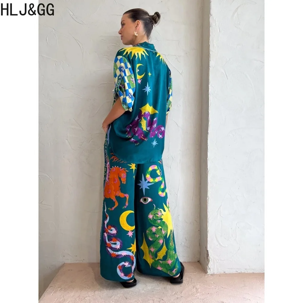 HLJ&GG Casual Pattern Print Wide Leg Pants Two Piece Sets For Women Button Short Sleeve Top And Pants Outfits Female Clothing