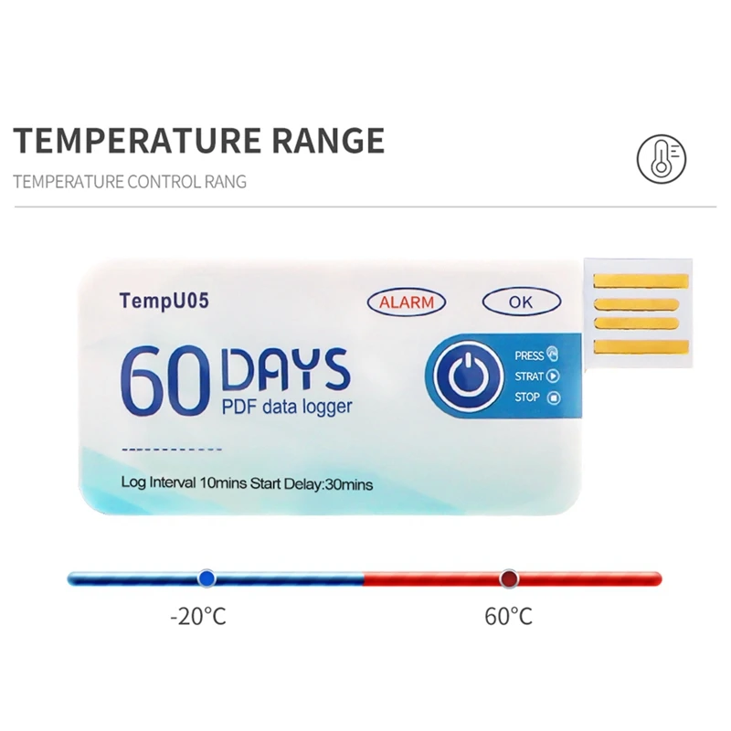 Tempu05 1Pcs Temperature Data Logger 60 Day Single Use Temperature Analyzer PDF Report USB Temperature Logger