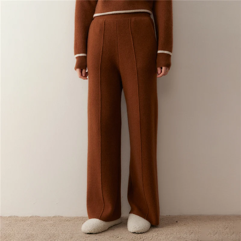 High waisted knitted wide leg cashmere pants for women, straight leg mid length honeycomb floor pants
