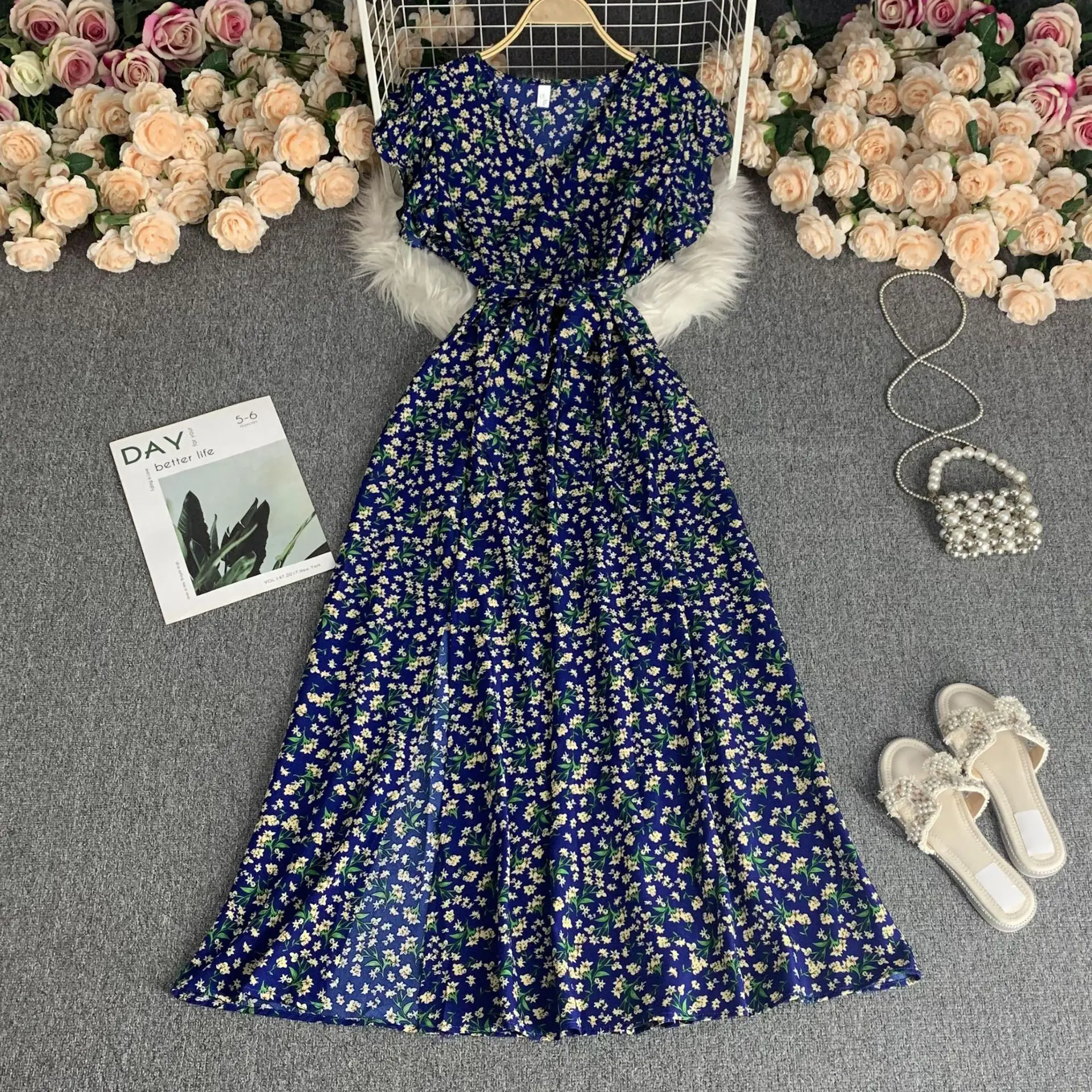 Vestido francés con cuello en V, novedad de verano, cintura plisada, adelgazante, Retro, alto temperamento, vestidos grandes con vuelo