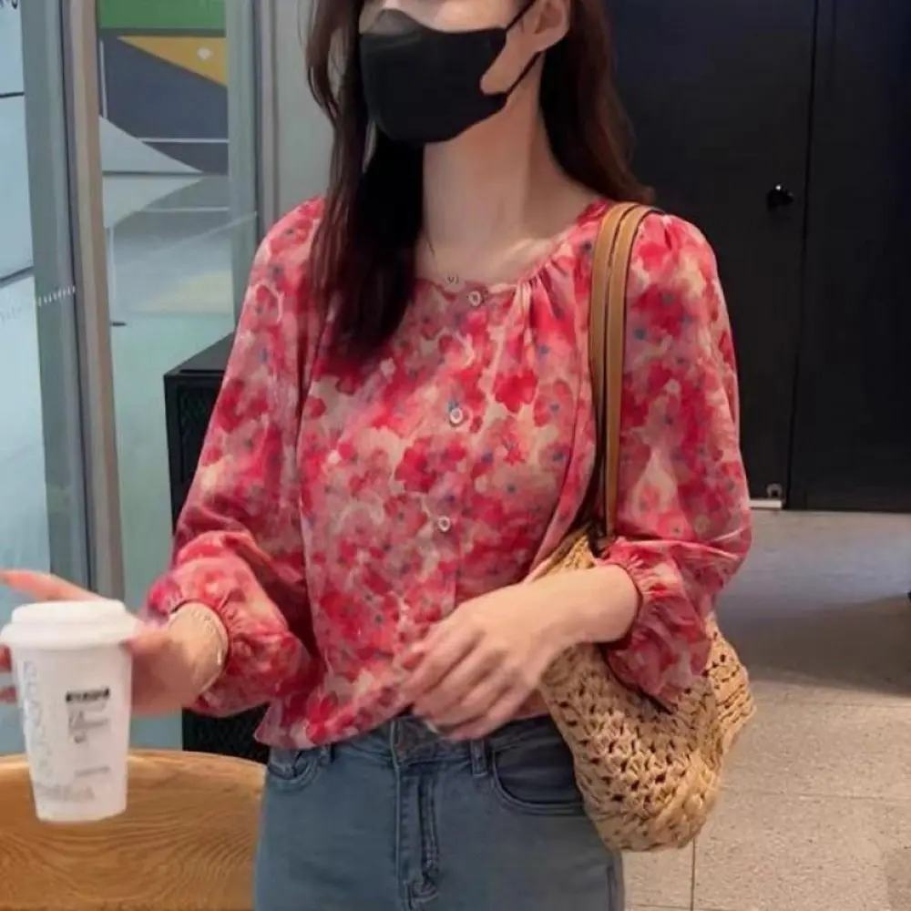 

Soft Round Neck Sweet Flower Shirts Long Sleeve Loose Chiffon Floral Shirt Tops Breathable Thin Women's Chiffon Blouse Girl