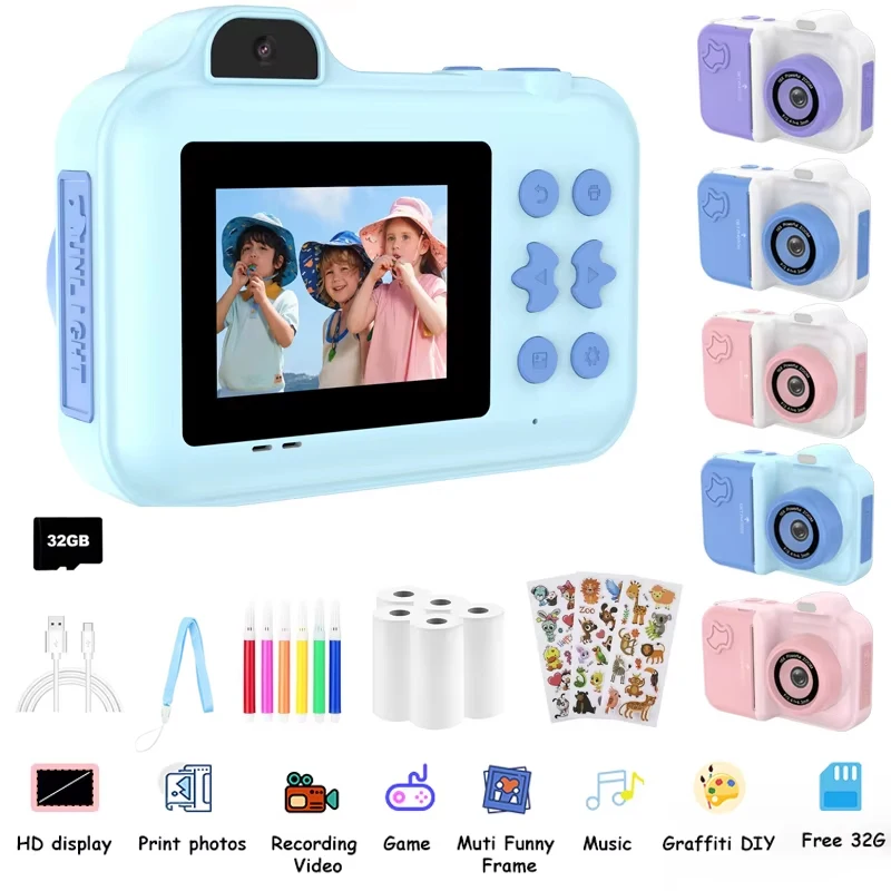 Câmera infantil com impressão instantânea, presentes, brinquedos, 1080p, hd, lente dupla, selfie, câmera digital com 5 rolos de papel de impressão, canetas adesivas e cartão 32g