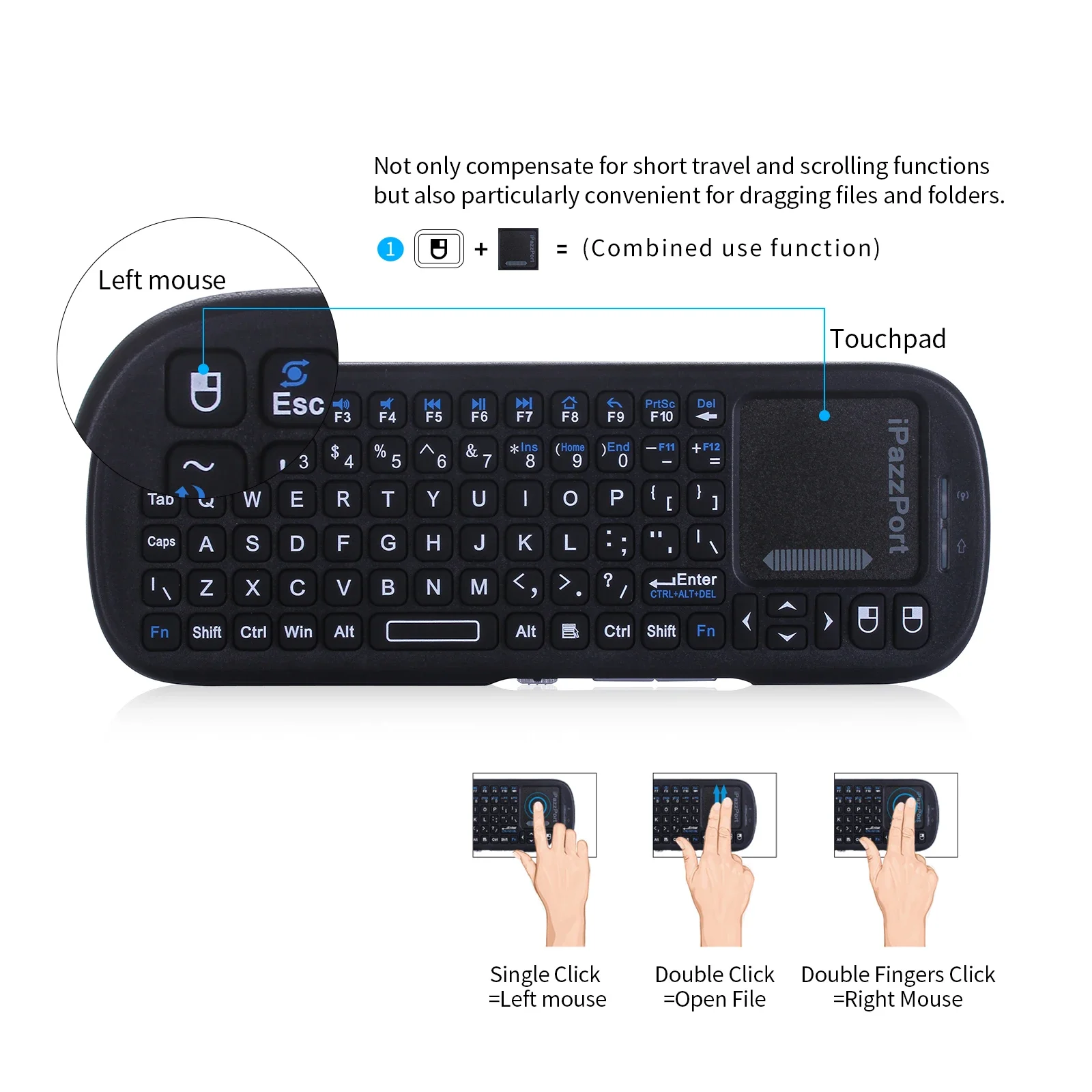 Bezprzewodowa klawiatura iPazzPort Mini Bluetooth＆ 2,4 GHz z touchpadem MouseCombo dla Android TV Box/PC/Tablet/PS4/Raspberry Pi 3/HTPC