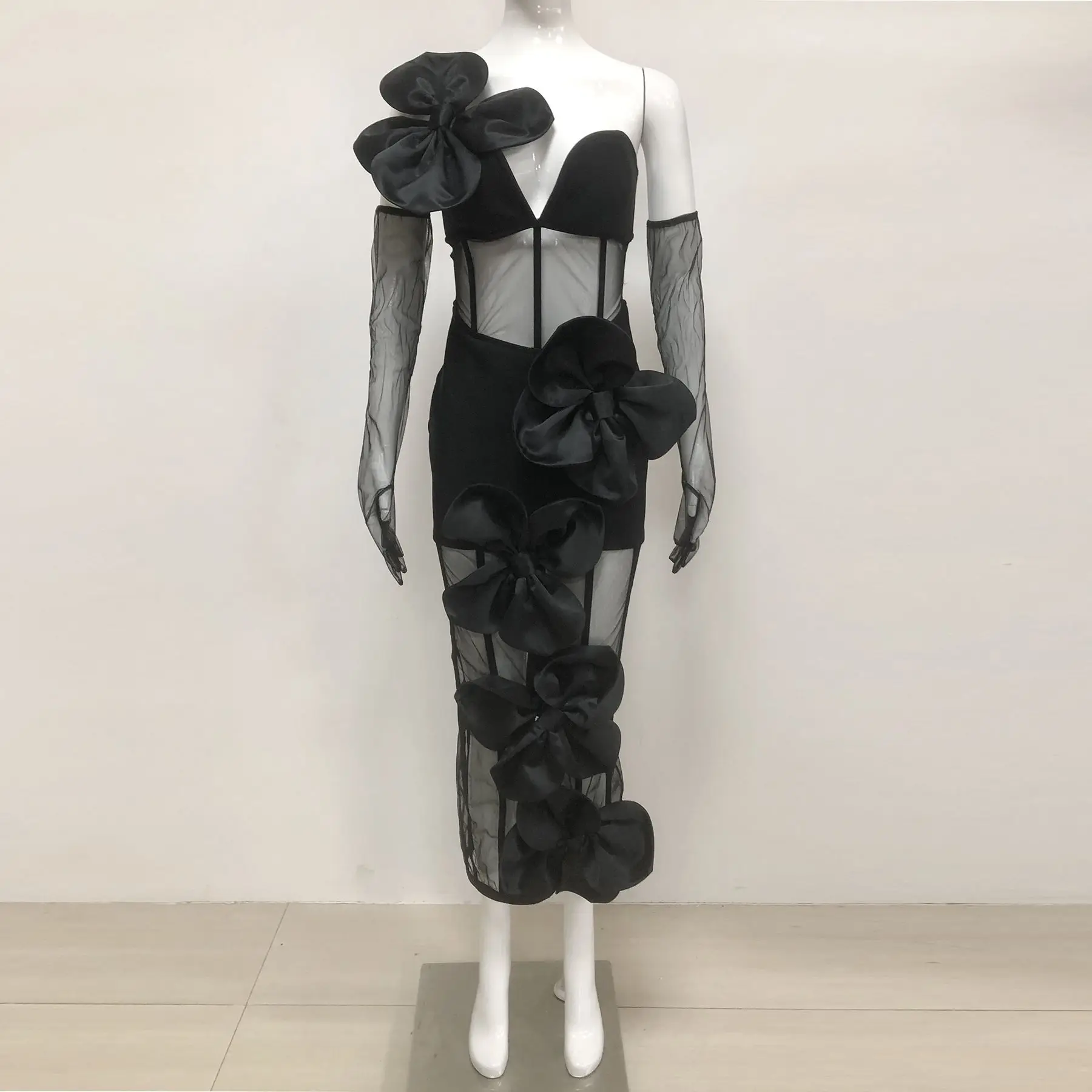 ZNS Sexy One Shoulder Bow Mesh See Through Bandage Bodycon Dress With Gloves Black Sleeveless Elegant Party Birthday Dresses