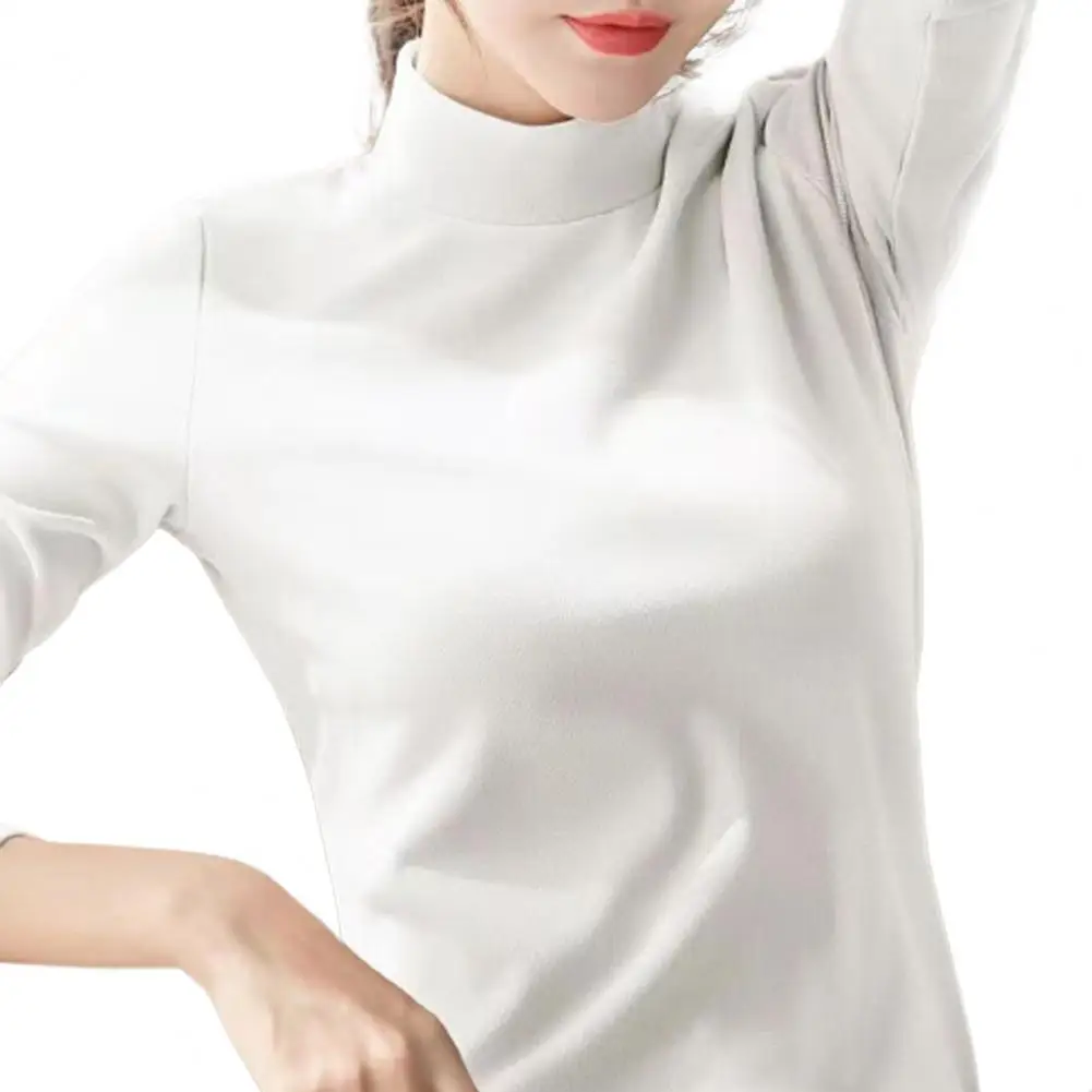 Top Half high Collar Neck Long Sleeve Solid Color Thick Warm Pullover Slim Fit Windproof Lady Bottoming Blouse