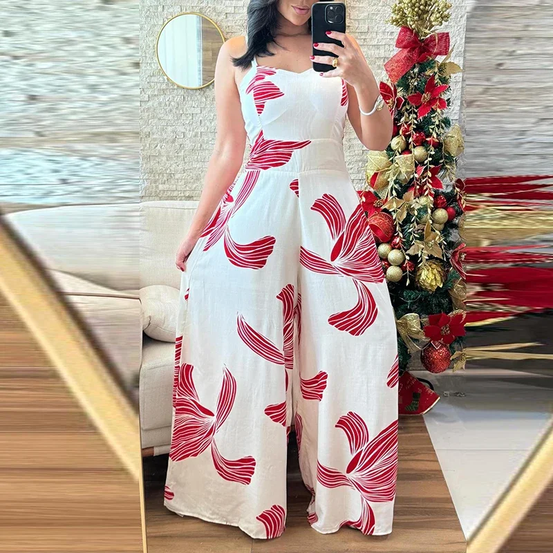 LIBIELIY Elegant Sleeveless Hight Waist Playsuit 2025 Sexy Off Shoulder Wide Leg Jumpsuits Women Fashion Pattern Print Loose Lo