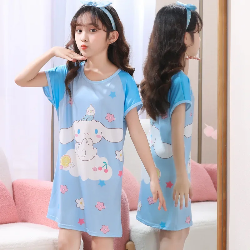 

Kawaii Sanrioed Cinnamorolls Kids Nightdress Cute Anime MyMelodys Kuromis Cartoon Pajamas Summer Short Sleeve Homewear Gift