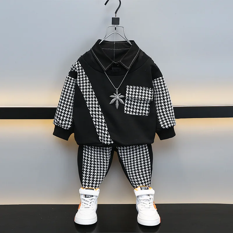 Boys Sweatshirts +Pants Cotton 2PCS/Set Kids Sport Suits 2023 Houndstooth Spring Autumn Uniforms Custom Children Sets