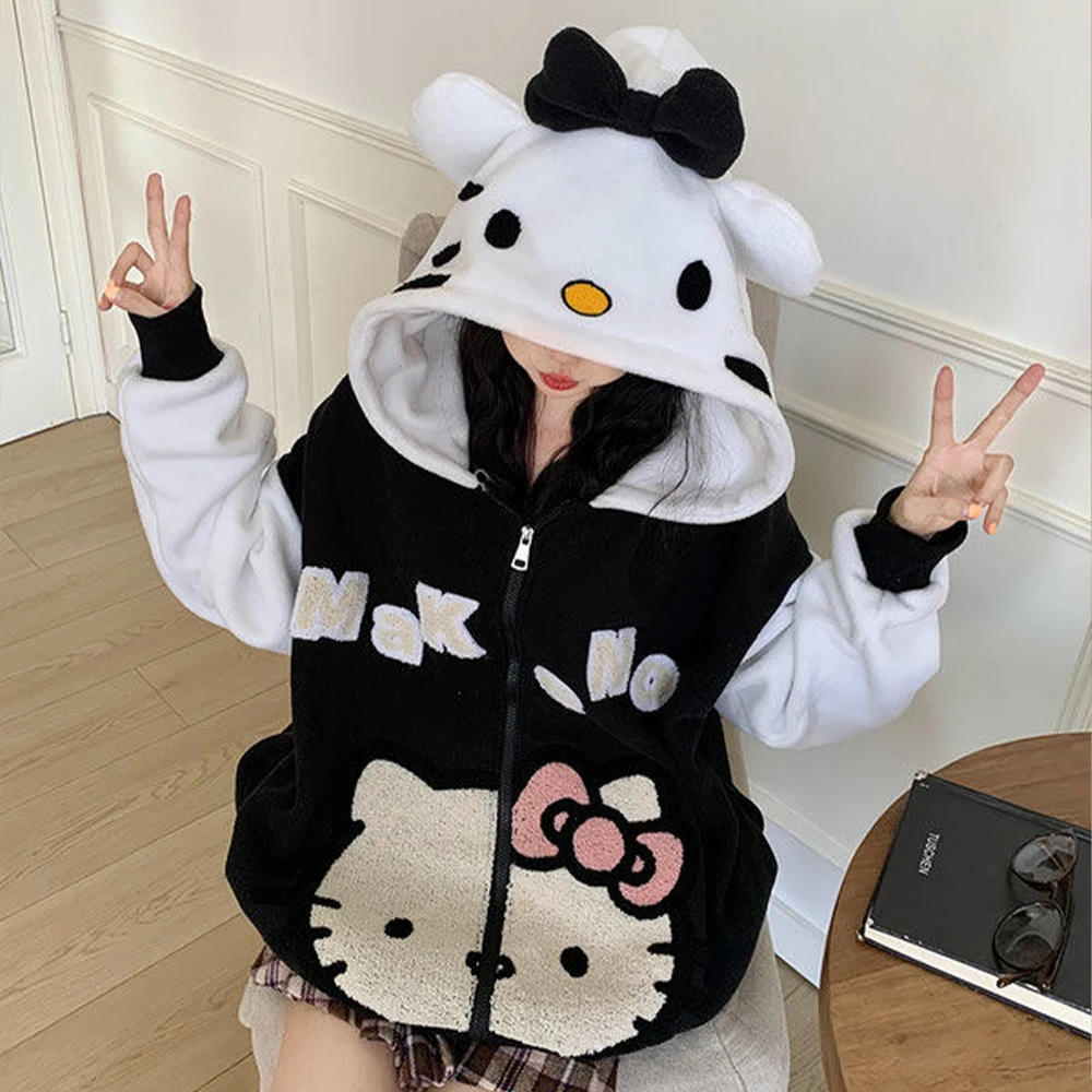 Hello Kitty Kawaii Plush หนาเสื้อผู้หญิง Lambswool Sanrioed อะนิเมะฤดูหนาวผู้หญิงอบอุ่นเสื้อสเวตเตอร์ถัก Hooded Tops หลวมน่ารักหวาน