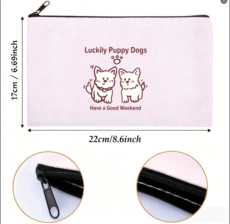 1PC ucky Twin Puppy Dogs Cosmetic Bag Canvas Zipper Makeup Storage Pouch