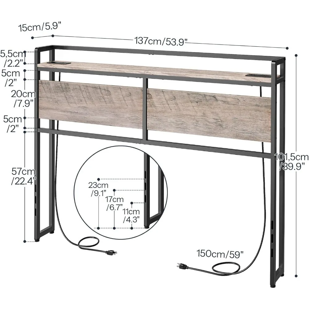 Полноразмерное изголовье, изголовье с 2 розетками и 4 USB-портами, стеллаж для хранения с регулируемой высотой, прочный и стабильный, серый и черный