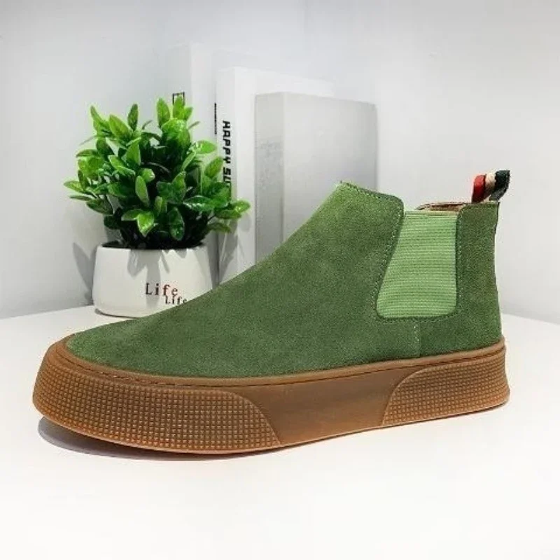 2025 Autumn Winter New Men's High Top Suede Chelsea Boots Vintage Korean Fleece Lined Warm Leather Upper Footwear