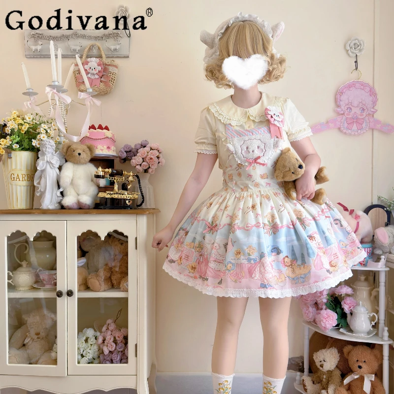 

Original Sweet Girl's Lolita Strap Dresses Women Japanese Cute Bow Print Sleeveless Mini Dress Y2k Princess Birthday Dress JSK