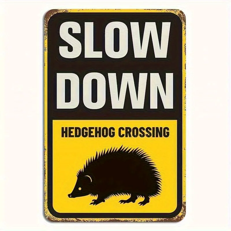 Vintage Slow Down Hedgehog Crossing Metal Tin Sign - Rustic Iron Wall Art 7.87x11.81 Inch, Yellow & Black Retro Decor for Home