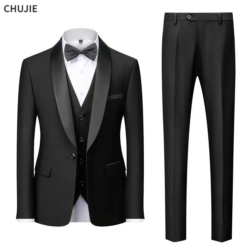 Traje de boda de alta calidad para hombre, conjunto de 3 piezas, Blazers elegantes con cuello tipo chal, chaqueta de lujo, pantalones, chaleco,