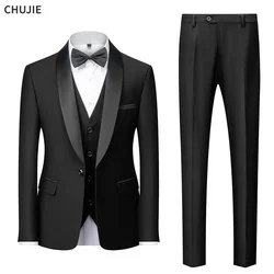 Terno masculino de alta qualidade, conjunto de 3 peças de casamento, blazers elegantes, gola xale, jaqueta de luxo, calças, colete, casaco formal, vestido skinny