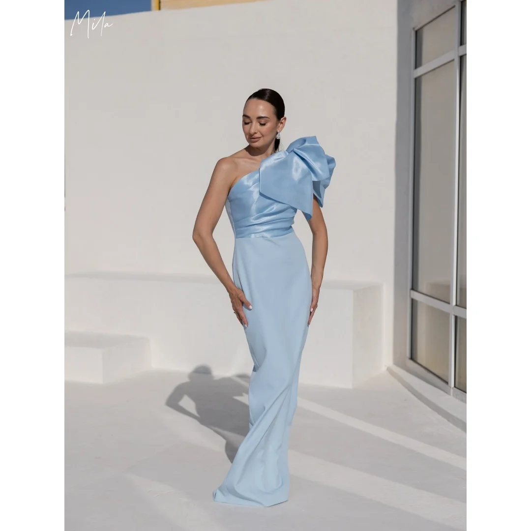 

Mila Women Light Blue One Shoulder Satin Gown Prom Dresses with Large Bow Customized Formal Evening Long Maxi vestidos de gala